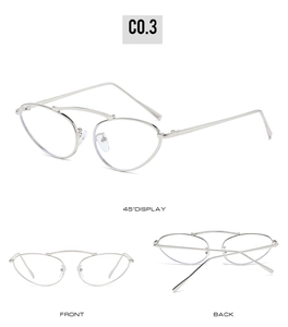 Three-way view of cat-eye metal glasses frame in silver showing front and back detail