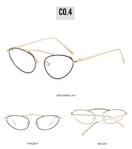 Cat eye metal glasses frames in black and gold showing 45-degree, front, and back views
