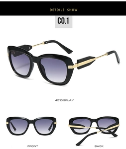 Three perspectives of oversized black sunglasses with purple gradient lenses and gold temples