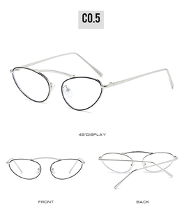 Three-way view of silver cat-eye metal glasses frame with black accents and blue light lens