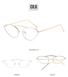 Three-view display of gold cat-eye metal glasses frames from front, back, and 45-degree angle