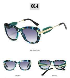 Three-view display of retro tortoiseshell sunglasses with green geometric temple details