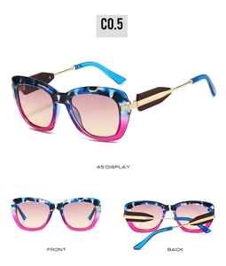 Detailed views of gradient sunglasses with blue tortoiseshell frames and gold accents