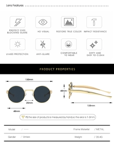 Vue détaillée des lunettes ovales en métal avec dimensions 130mm de large et 138mm de long