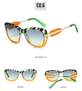 Three perspectives of cat-eye sunglasses with green tortoiseshell and orange frames