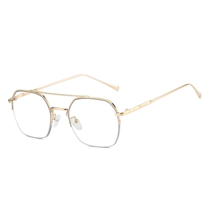 Golden irregular hexagonal metal eyeglasses with double bridge aviator-style frame