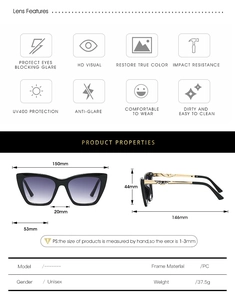 Technical drawing of cat-eye sunglasses with dimensions, PC frame and gold wing detail