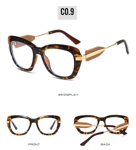 Detailed views of tortoise shell glasses frames with arrow temple and golden metal accents