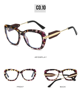 Three-view display of cat-eye tortoiseshell frames with slim golden metal temples