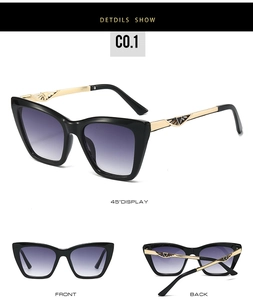 Detailed views of cat eye sunglasses with purple gradient lenses and gold hollow temples