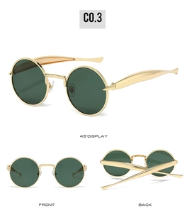 Vues détaillées de lunettes de soleil ovales vintage avec monture dorée et verres verts