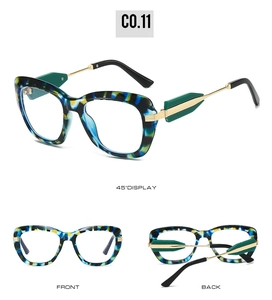Detail view of stylish tortoiseshell glasses frame with unique gold and green temples