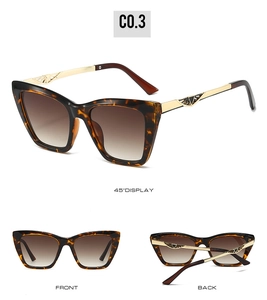 Detailed views of tortoise cat eye sunglasses with gold temples and gradient brown lenses