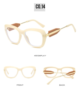 Detailed views of cream cat-eye sunglasses with gold metal accents and C0.14 engraving