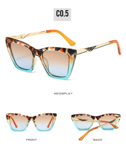 Detailed views of tortoise shell cat-eye sunglasses with gold fan-shaped metal temple hollow