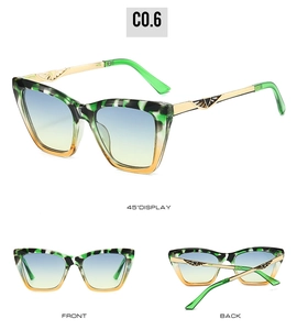 Three-angle display of cat-eye sunglasses with tortoiseshell frame and gradient lenses