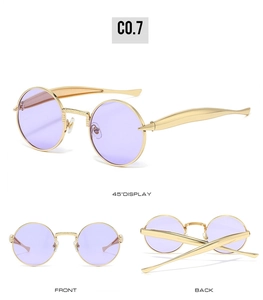 Vues détaillées de lunettes de soleil en métal doré avec verres violets sous trois angles
