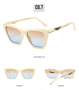 Multiple views of cat-eye sunglasses featuring cream frames and gradient lenses