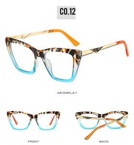 Three-way view of cat eye sunglasses with blue tortoiseshell frames and gold temples