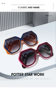Detail of oversized geometric sunglasses with gradient lenses and bi-color frames