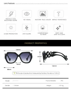 Detailed size guide and PC frame specifications for oversized geometric sunglasses