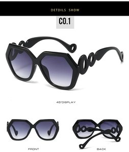 Three-view detail of oversized hexagonal sunglasses with cut-out temple rings