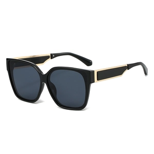 Fashion square frame sunglasses with dark gray lenses and gold metal temple accents