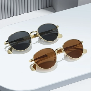 Lunettes de soleil rétro en métal doré avec verres noirs et marron pour femmes