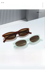 Detail of amber tortoiseshell and mint green oval sunglasses on minimalist display