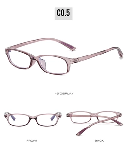 Drei-Winkel-Ansicht der leichten, lila-transparenten Blaulichtfilter-Brille für Damen
