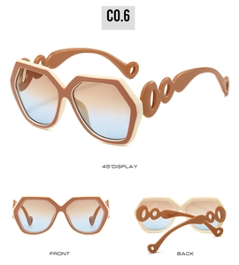 Detail view of hexagonal sunglasses showing front, back and 45-degree angled frames