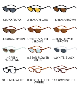 Matrix display of twelve retro oval sunglasses in various frame colors and lenses