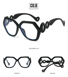 Detailed multi-angle views of oversized hexagonal black sunglasses with hollowed-out temples