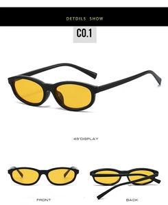 Detailed views of retro oval sunglasses with black frames and yellow lenses from multiple angles