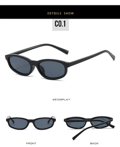 Three-view detail of black oval sunglasses featuring polished frames and dark lenses