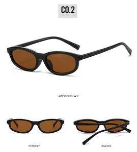 Multi-angle view of vintage oval sunglasses in black frame with dark brown lenses