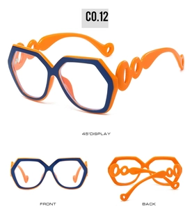 Three views of orange and blue hexagonal sunglasses with unique triple-ring temple detail