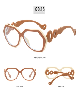 Three-angle view of geometric beige and brown sunglasses with unique ring-shaped temples