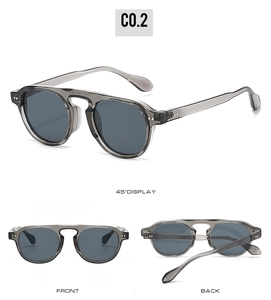 Drei Ansichten einer runden Retro-Sonnenbrille mit grauem Rahmen und doppeltem Nasensteg