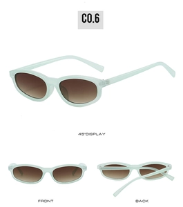 Detailed view of light blue oval sunglasses with brown gradient lenses from three angles