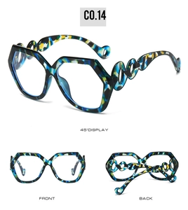 Detailed views of geometric tortoiseshell glasses frames with wavy hollowed temple design
