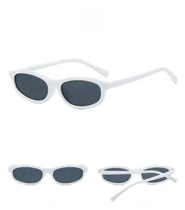 Three views of white oval sunglasses with dark lenses showing front side and back angles