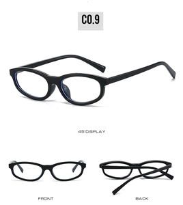Detail view of black oval frame sunglasses showing front, back and 45-degree angles
