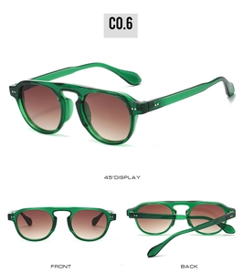 Detaillierte Ansichten der Vintage-Rundsonnenbrille mit grünem Rahmen und Doppelsteg