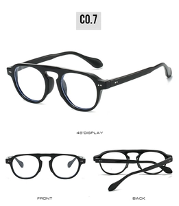 Drei Ansichten zeigen die Vorder- und Rückseite sowie 45-Grad-Details der schwarzen Retro-Brille