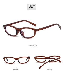 Detailed multi-angle views of brown oval sunglasses from front, back, and 45-degree angle