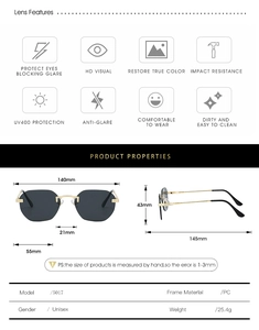 Detailed technical diagram of rimless hexagonal sunglasses showing UV400 and size specs