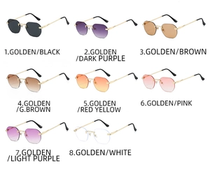 Eight colors of rimless geometric sunglasses with gold chain-link metal temples shown in detail