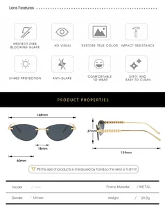 Detailed size guide and technical parameters for cat eye rimless metal sunglasses
