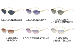 Cat eye rimless sunglasses detail showing six colorful lenses and golden spiral metal temples